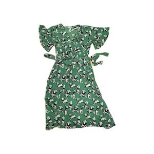 Green Dalmatian Puppy Dog Print Wrap Dress Women's Size M Medium